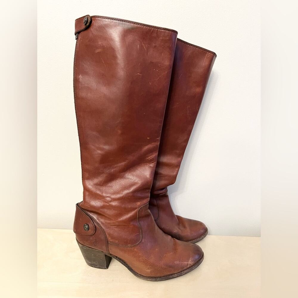 Frye Jackie boots tall zip up brown leather heeled western cowgirl boots